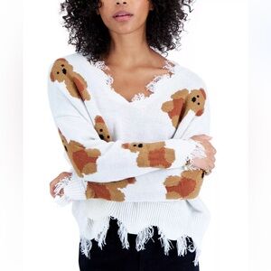 JUST POLLY Frayed Teddy Bears Sweater new without tags size m